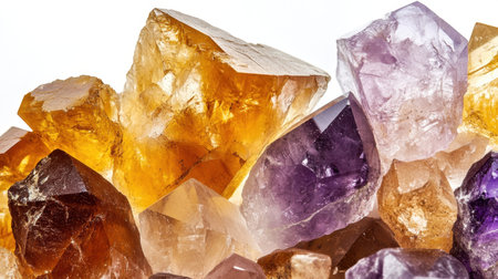 Close-up of citrine, rose quartz, and amethyst crystals, focusing on raw textures and natural beauty against a clean white backdrop.の素材
