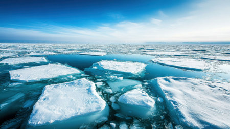 Cracked sea ice floes under a clear blue sky, showcasing the vast, frozen Arctic landscape and highlighting the impacts of climate change.の素材