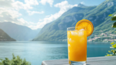 Close-up of a glass of orange juice with ice and an orange slice, set against a breathtaking mountain and lake view, perfect summer refreshment.の素材