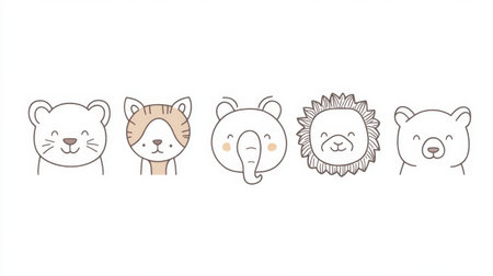 Children's animal icons in a single line doodle style, featuring mammal heads like elephant, lion, cat, and bear, isolated on a white background.の素材