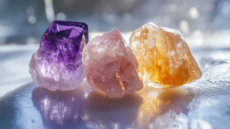 Detailed macro of raw crystals--citrine, rose quartz, and amethyst--on a white surface, highlighting their natural beauty and healing propertiesの素材