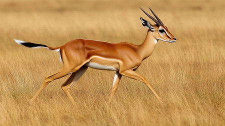 Antelope gracefully running through the open savannah, providing a vast, clear background with room for text or messagingの素材