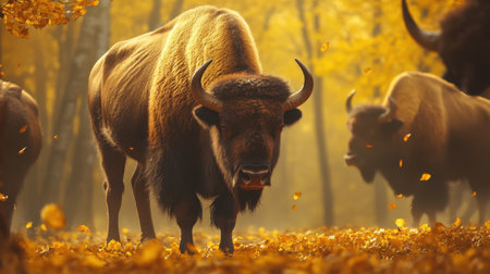 European bison roam through a golden autumn forest, surrounded by yellow leaves, showcasing their majestic presence.の素材