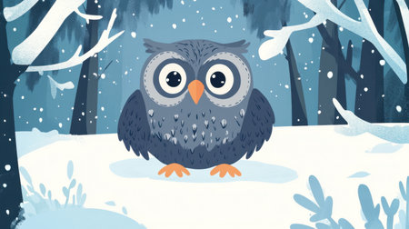 Cute cartoon owl with fluffy feathers sitting in a snowy forest, with a whimsical expression, perfect for a fun winter-themed illustrationの素材