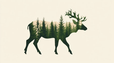 Animal silhouette composed of trees and foliage, representing wildlife preservation and environmental awareness in a minimalist design.の素材