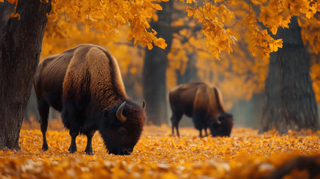European bison grazing among fallen yellow leaves in their natural autumn habitat, creating a serene wildlife scene.の素材