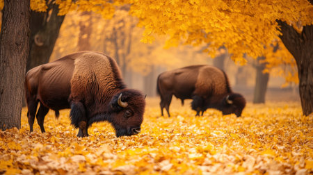 European bison grazing among fallen yellow leaves in their natural autumn habitat, creating a serene wildlife scene.の素材