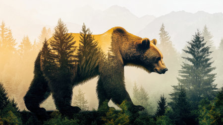 Double exposure of a bear with dense forest imagery, creating a captivating wildlife and nature blend for environmental themes.の素材