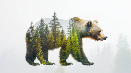 Double exposure of a bear with dense forest imagery, creating a captivating wildlife and nature blend for environmental themes.の素材
