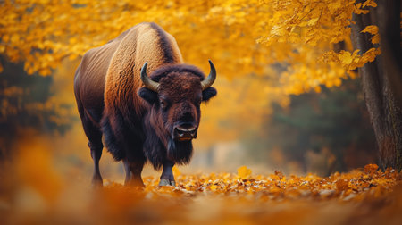 European bison in a tranquil autumn forest, surrounded by yellow leaves, a perfect wildlife moment during the fall season.の素材