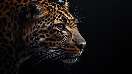 Intense close-up of a leopard piercing gaze against a black backdrop, showcasing the raw power of wildlife.の素材