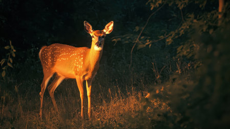 Night scene of a deer in a forest, glowing under cinematic light, blending the natural beauty of wildlife with a touch of mystery.の素材