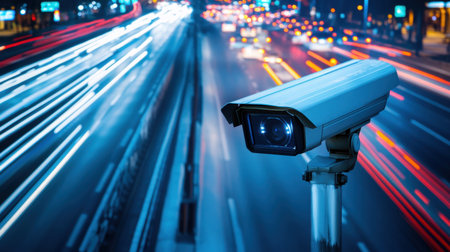 Security camera monitoring a bustling highway with light trails from fast-moving vehicles, emphasizing surveillance and traffic safetyの素材