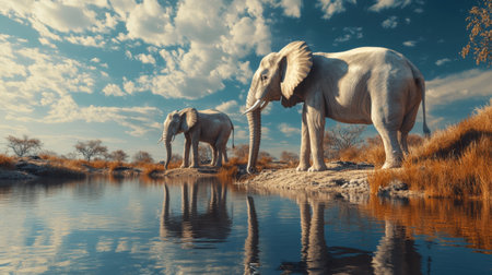 Majestic African elephants socializing at a watering hole, a stunning wildlife reserve scene perfect for conservation themes.の素材