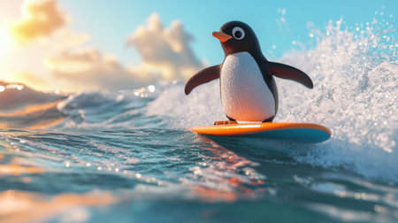 3D penguin surfing on a colorful board, catching a wave in a playful ocean setting, bringing a lively and fun atmosphere to life.の素材