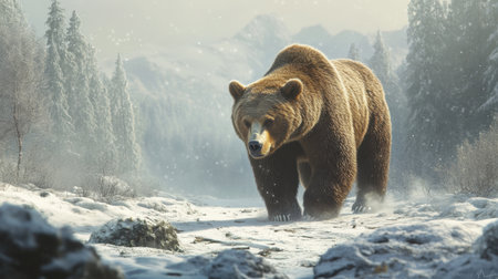 Powerful grizzly bear walking through a serene snow-dusted forest, capturing the essence of winter wildlife.の素材