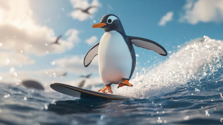 A cool 3D-rendered penguin balancing on a surfboard, riding the waves in a fun, sunny scene, perfect for a tropical and adventurous vibeの素材