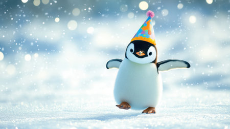 A cute penguin in a colorful birthday hat, joyfully running across the ice, celebrating its special day in a snowy wonderland.の素材