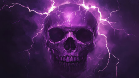 A creepy purple skull illuminated by crackling lightning bolts on a dark background, perfect for horror themes.の素材