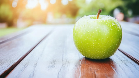 A fresh, crisp green apple with dewdrops on its surface, resting on a wooden table with soft natural sunlight filtering inの素材