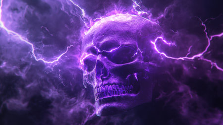 A creepy purple skull illuminated by crackling lightning bolts on a dark background, perfect for horror themes.の素材