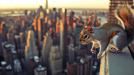 Squirrel navigating a narrow ledge, with the vibrant city skyline in the background, highlighting wildlife in urban environments.の素材