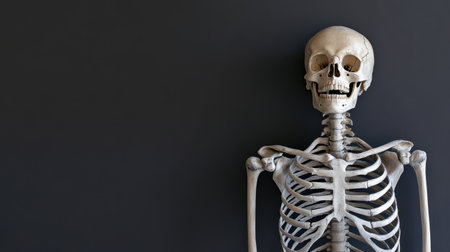 A spooky Halloween skeleton standing upright against a plain black background, offering an eerie and classic look.の素材