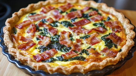 A savory homemade Quiche Lorraine with golden crust, bacon, and spinach, seen from a top-down view, ready to be served.の素材