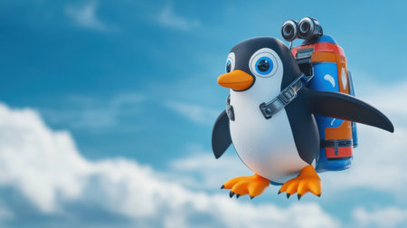 Adorable penguin mascot equipped with a colorful jetpack, ready for takeoff, standing against a bright sky in a playful scene.の素材