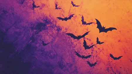 Bats in motion over an abstract orange and purple backdrop, evoking the spirit of Halloween. Perfect for a festive eerie scene.の素材