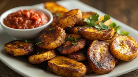 A plate of ripe fried plantain served with spicy sauce, a staple side dish in West African cuisine, ready to eatの素材