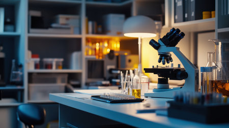 Advanced biotechnology lab setup with a microscope, test tubes, and sophisticated medical research tools on the desk.の素材