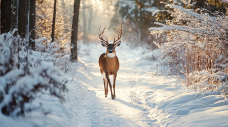 A majestic white-tailed deer walks through the winter forest, the snow-covered landscape creating a perfect natural backdrop.の素材
