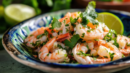 A vibrant serving of shrimp ceviche, marinated in lime and garnished with fresh cilantro, sits on a dish ready to eat.の素材