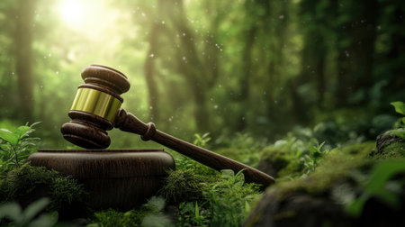 A gavel placed in a forest, symbolizing ecological justice and the legal steps taken to protect wildlife and the environment globally.の素材