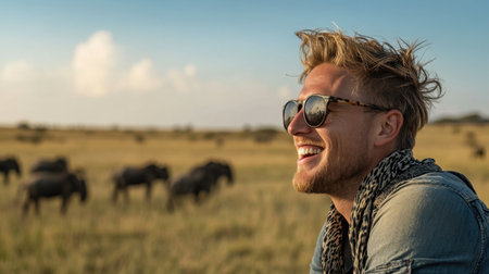 A stylish man smiles during a safari adventure, surrounded by wildlife, capturing the joy of exploring natureの素材