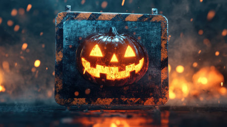 A caution sign with a Halloween pumpkin design, surrounded by eerie shadows and glowing accents, perfect for spooky settingsの素材