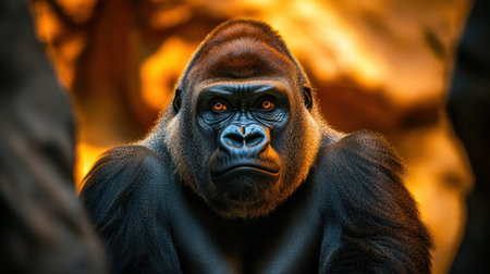 Close-up portrait of a male gorilla in the zoo, showcasing the detailed features of this powerful primate, a majestic representation of nature and wildlife.の素材