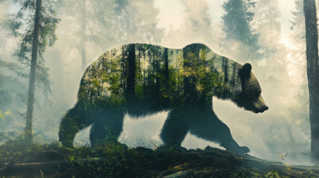 Bear walking through a misty forest, depicted in a stunning double exposure effect, blending wildlife and nature seamlesslyの素材
