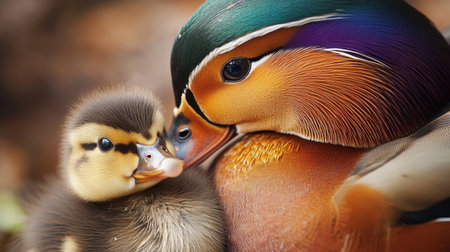 Closeup of a Mandarin duck caring for her cub, capturing a tender wildlife moment of motherly love with space for messaging.の素材