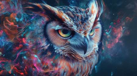 Abstract owl portrait with vivid colors and double exposure effects, creating a striking blend of wildlife and modern art.の素材