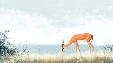 Side view of an antelope grazing in the wild, with ample empty space on a tranquil landscape for text placement.の素材