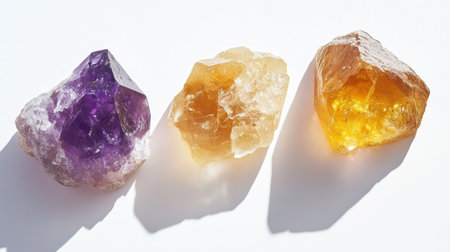 Macro photography of raw healing crystals, including amethyst and citrine, set against a white background, showcasing natural textures and wellness.の素材