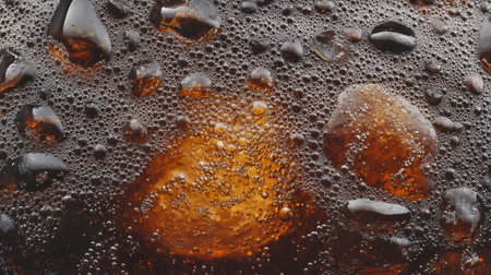 Refreshing cola with ice, close-up showing carbonation bubbles and condensation, highlighting the appeal of a cold summer drink.の素材