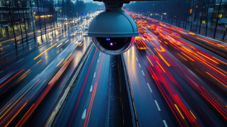 Overhead security camera watching over a busy highway with light trails from speeding cars, representing traffic monitoring and surveillance.の素材