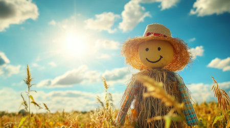 A traditional scarecrow under a sunny sky with soft clouds, symbolizing the change of seasons and autumn harvests.の素材