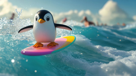 3D penguin surfing on a colorful board, catching a wave in a playful ocean setting, bringing a lively and fun atmosphere to life.の素材