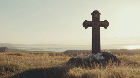 Ancient Celtic cross captured against a backdrop of a clear sky, representing history, faith, and the beauty of nature.の素材