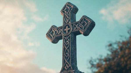 Ancient Celtic cross captured against a backdrop of a clear sky, representing history, faith, and the beauty of nature.の素材