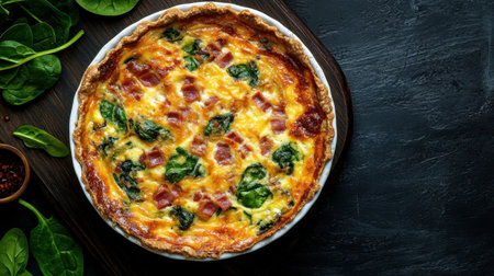 A savory homemade Quiche Lorraine with golden crust, bacon, and spinach, seen from a top-down view, ready to be served.の素材